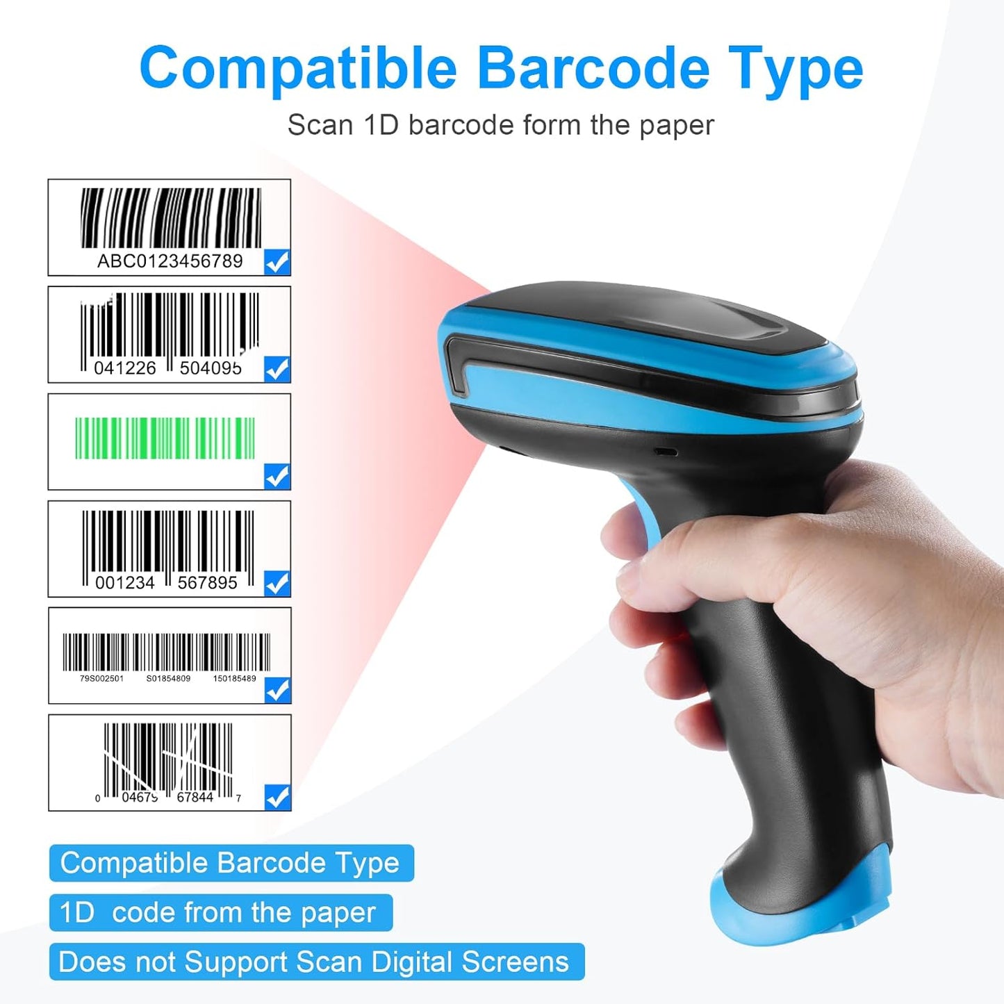 Barcode Scanner Wireless, 1D Laser Barcode Reader with Stand 2.4G Wireless & USB Wired Connection 2 in 1 Plug and Play Handheld Bar Code Scaners