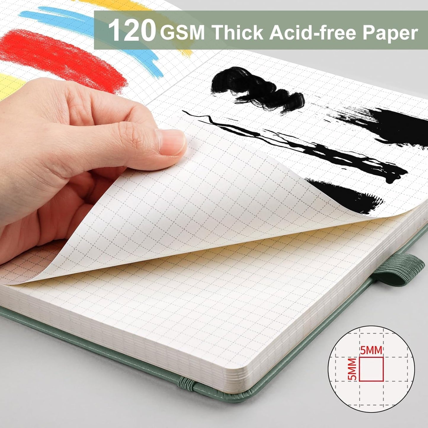 AHGXG Graph Paper Notebook - Grid Notebook Journal A5, 120 GSM Thick Graph Paper, 160 Pages, Leather Hardcover, for Graphing, Writing, Math, Engineering, 5.75'' × 8.38''- Sage Green