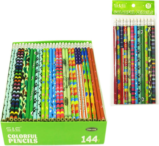 S & E TEACHER'S EDITION Assorted Colorful Pencils, Wooden Pencil with Eraser, Pencil Assortment, Novelty Kids, Awards & Incentives Pencils, No.2 HB, Back to school, 12 Colors 144pcs.