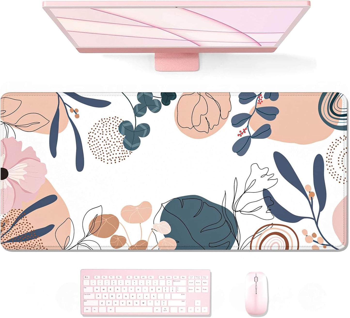 Auhoahsil Large Gaming Mouse Pad, Flowers Theme XXL 35.4 x 15.7 in Desk Pad Stitched Non-Slip Rubber Long Computer Mousepad Thin Extended Full Size Desk Mat for Desktop Laptop Wireless Mice, Pink