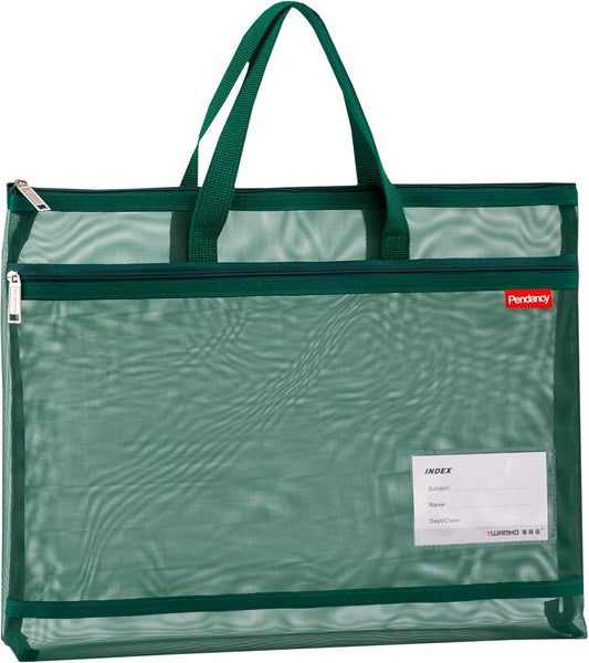 Pendancy Mesh Zipper Pouch A3 Size, Large Double Pocket Lightweight Nylon Transparent File Bag with Handle, 13x17 in Foldable Document Storage for Puzzle Project/Cross Stitch/Travel/Office (Green)