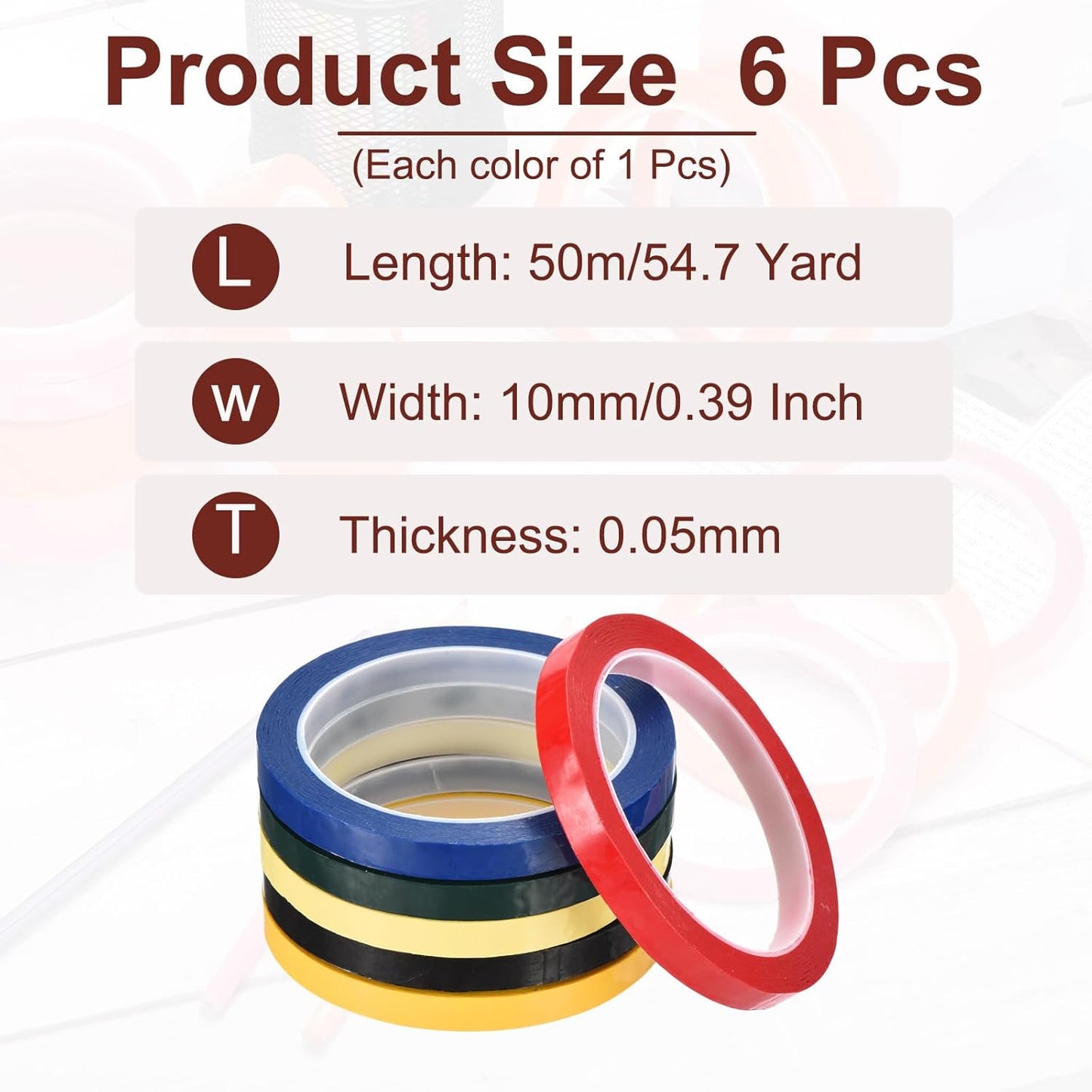 MECCANIXITY 6 Rolls Whiteboard Tape Graphic Chart Tape 10mm 54.7 Yard Art Tape Thin Pinstripe Tape Masking Tape for Gift Wrapping Craft Supplies, Red, Green, Blue, Yellow, Black, Light Yellow