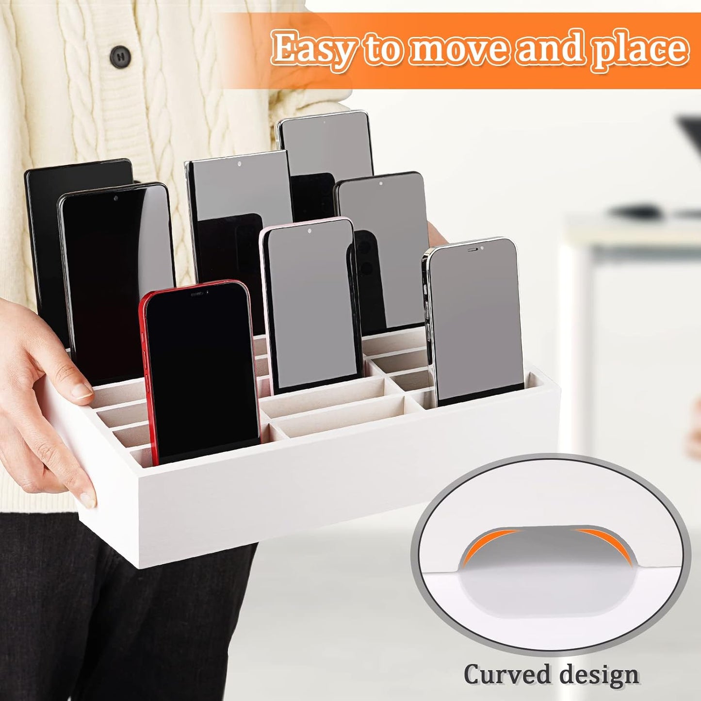 24-Grid Wooden Cell Phone Holder Desktop Organizer Storage Box for Classroom Office (White 24-Grid)