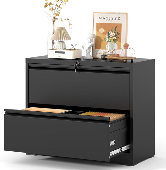 2 Drawer Lateral File Cabinet with Lock, Metal Lateral Filing Cabinet for Home Office, Steel Wide Horizontal Filing Cabinets for Letter/Legal/A4/F4 Hanging Files (Black)