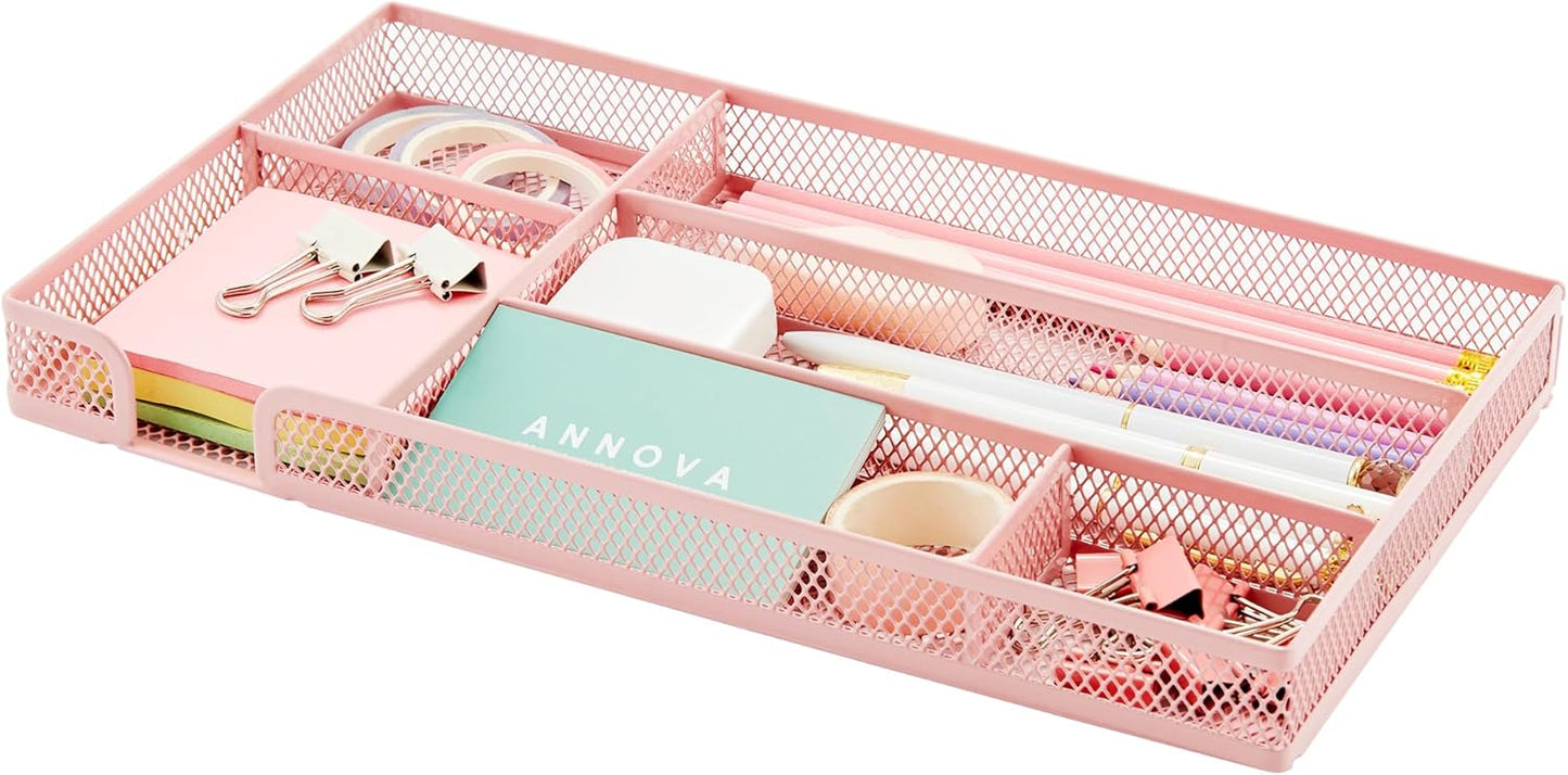 Annova Desk Drawer Organizer Tray for Office Organization - Metal Mesh - Storage Tray with Dividers for Pens, Desktop Accessories, Bathroom, Kitchen, Makeup and Office Supplies (Small, Light Pink)