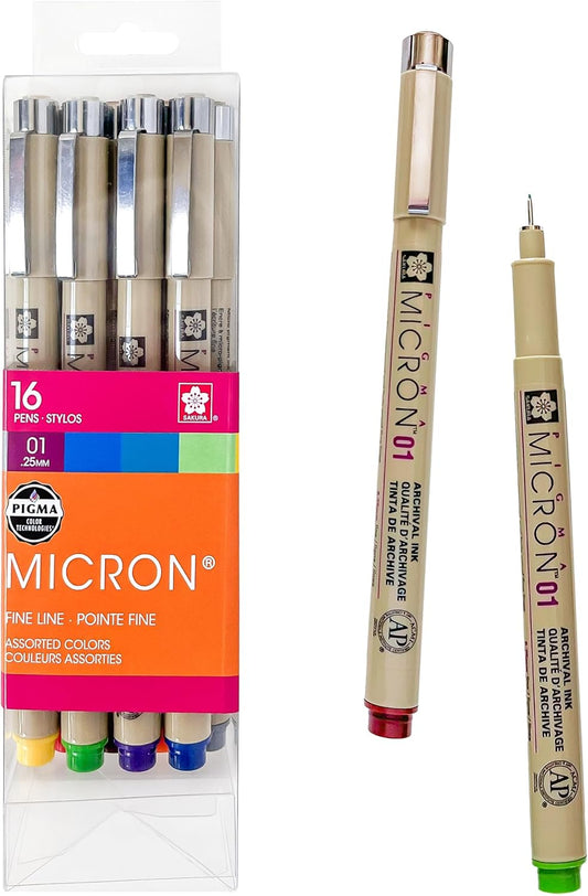 SAKURA Pigma Micron 01, Ass't Archival Colors 16 PK