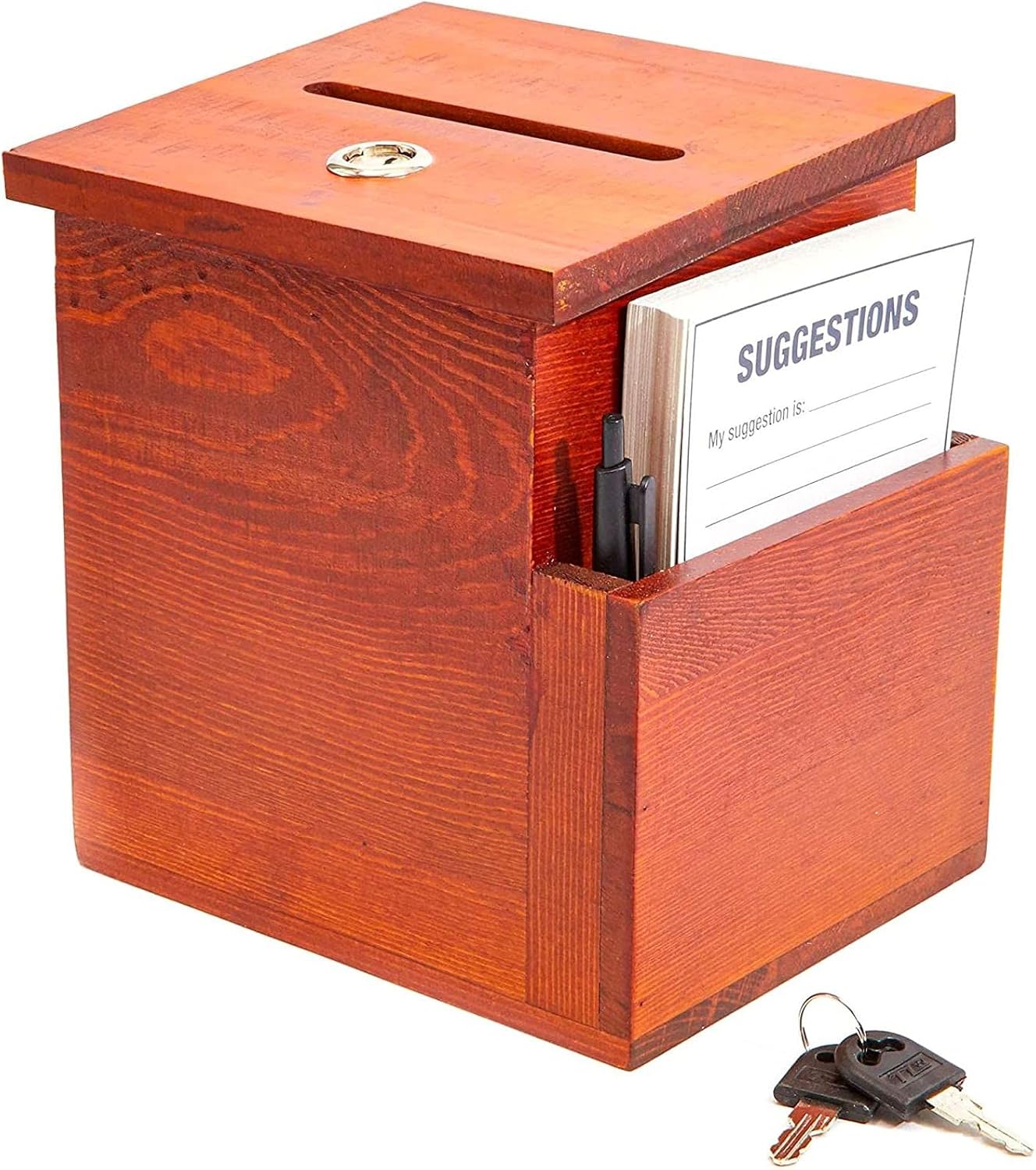 Juvale Suggestion Box with Slot & Lock - 7.5 x 7.1 x 5.5 in, Brown Rustic, 50 Blank Cards, Pen & 2 Keys - Drop Box with Lock