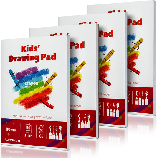 Umriox Drawing Pad for Kids, 9" x 12" Sketch Book, 4-Pack Sketch Pad (50 Sheets Each), 110gsm Acid-Free Drawing Paper, Glue-Bound Art Sketchbook for Kids' Classroom, Travel & School Art Supplies