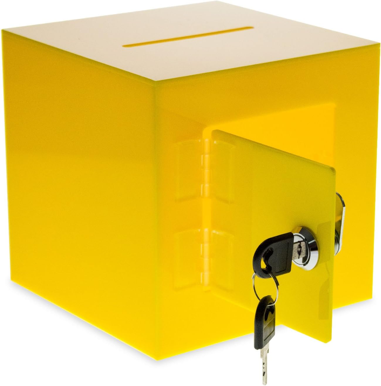 Source One Premium Acrylic Cube Donation Box with Deluxe Rear Open Door and Cam Lock Suggestion Box (10 Inch, Yellow)