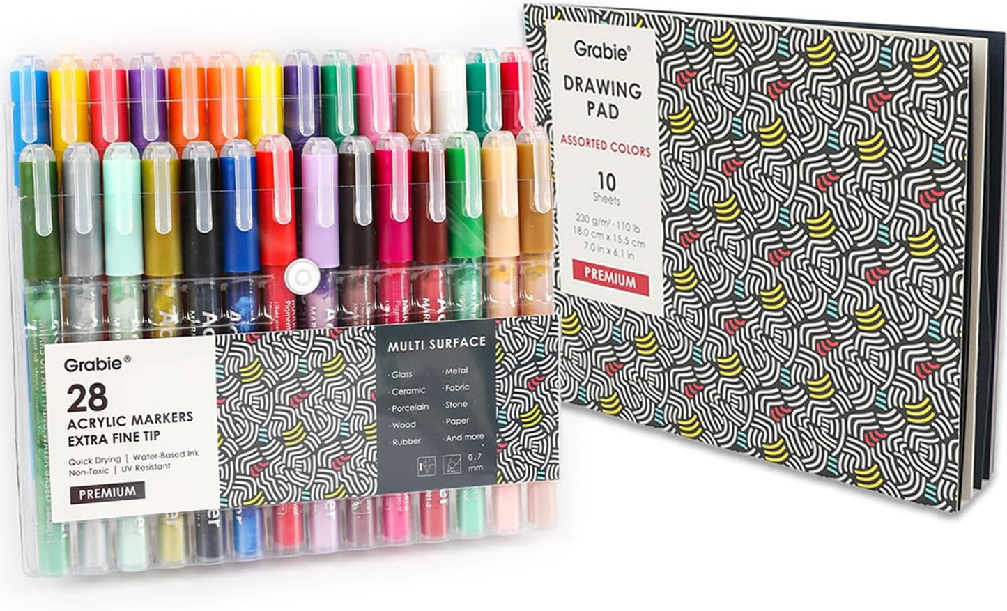 Grabie Acrylic Paint Pens Markers, 28 Colors, 0.7 mm, Extra Fine Tip Drawing Markers, Premium Paint Pens for Painting on Various Surface, Art Supplies