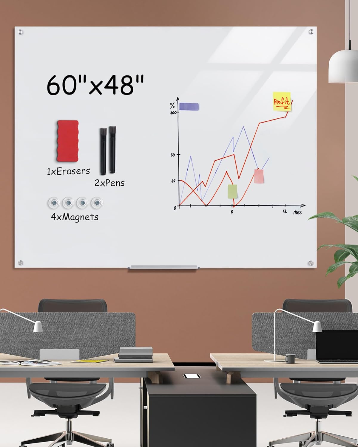 Magnetic Glass Whiteboard，60"x48" Wall Mounted Frameless Dry Erase Board for Office, Home & School Ultra White