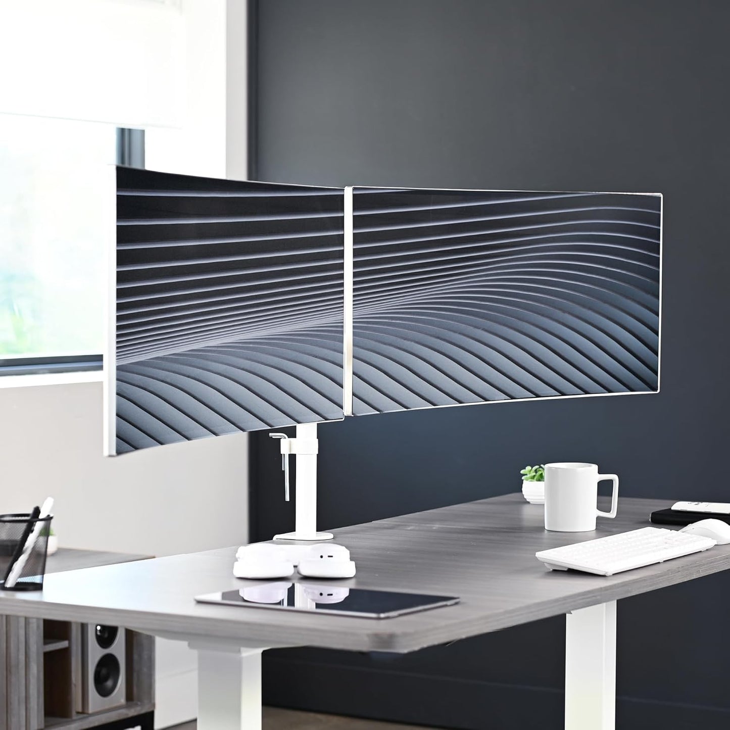 VIVO Dual Ultrawide Monitor Desk Mount, Heavy Duty Fully Adjustable Steel Stand, Holds 2 Computer Screens up to 38 inches and Max 22lbs Each, White, STAND-V038W