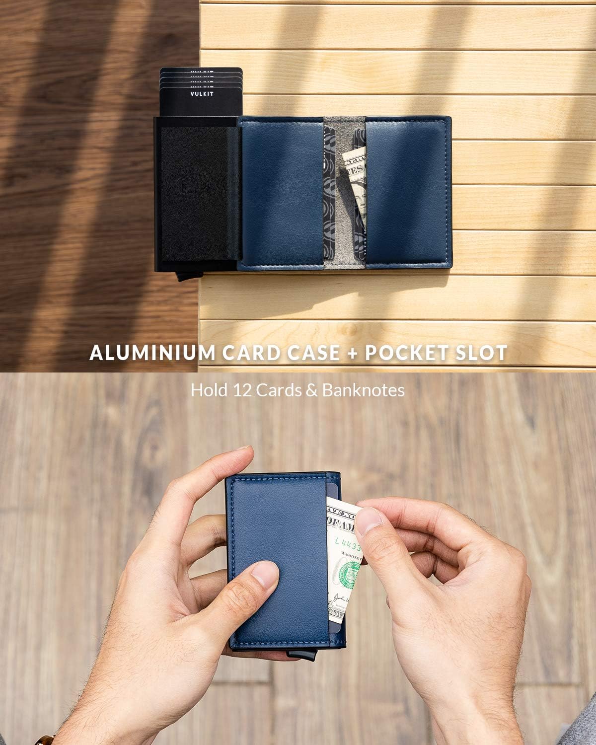 VULKIT Credit Card Holder RFID Blocking Leather Automatic Pop Up Wallet Aluminum Slim Pocket Business Card Case