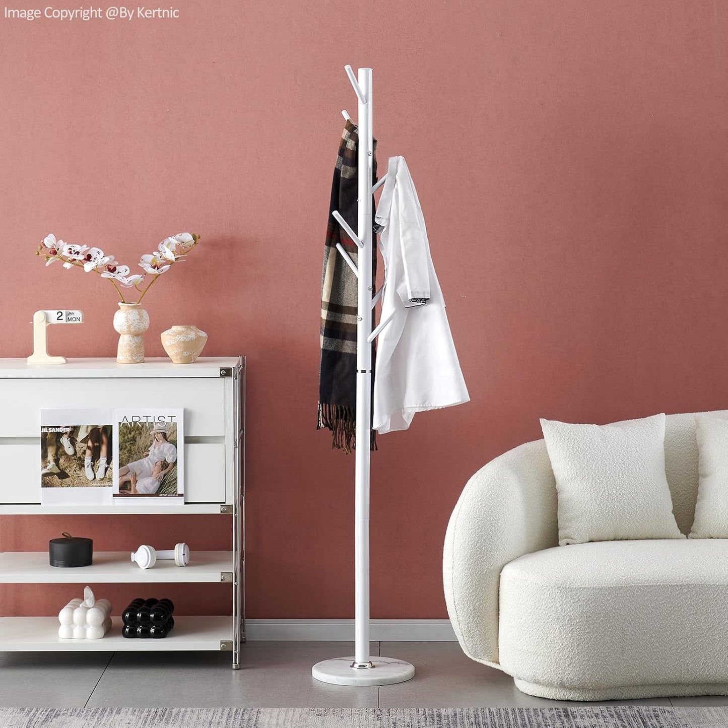 Kertnic Modern Coat Rack Freestanding with Natural Marble Base & Sturdy Metal Frame, 7 Hooks Hall Tree for Jackets, Hats, Bags, Entryway Organizer for Bedroom, Living Room, Closet (7 hooks-White)