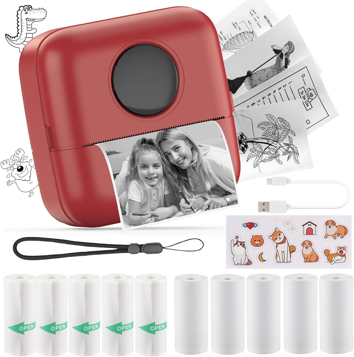 HuiJuKeJi Mini Sticker Printer Bluetooth Smart Pocket Inkless Thermal Printer with 11 Rolls Thermal Paper and Sticker for iOS&Android, Portable Receipt Printer for Photo Note Memo (Brown red)