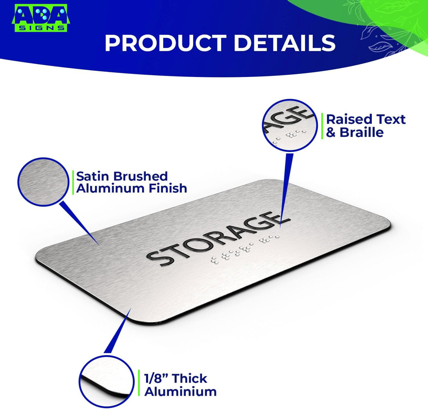 ADASigns Storage Room Sign 7”x4” - Durable Brushed Aluminum with Grade 2 Braille - Easy Installation with Strong Adhesive Tape - ADA Compliant Storage Signs for Business, Restaurants & Offices
