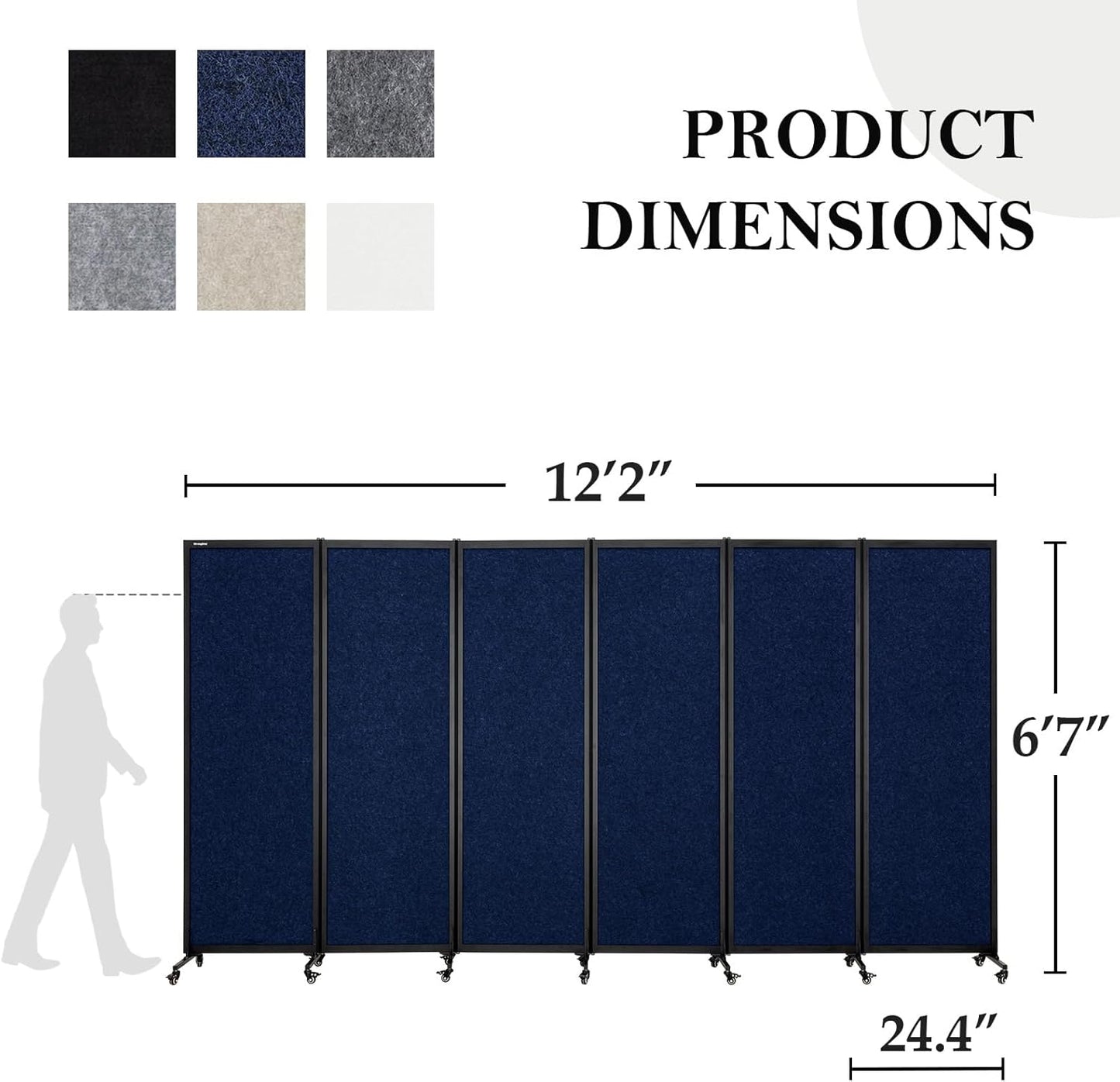Upgrade Version Room Partition and Divider, Freestanding Rolling Dividers with Wheels,Office Privacy Screen Divider Wall,Classroom Felt Dividers,12'2"L* 6'7"H,6 Panel，Blue
