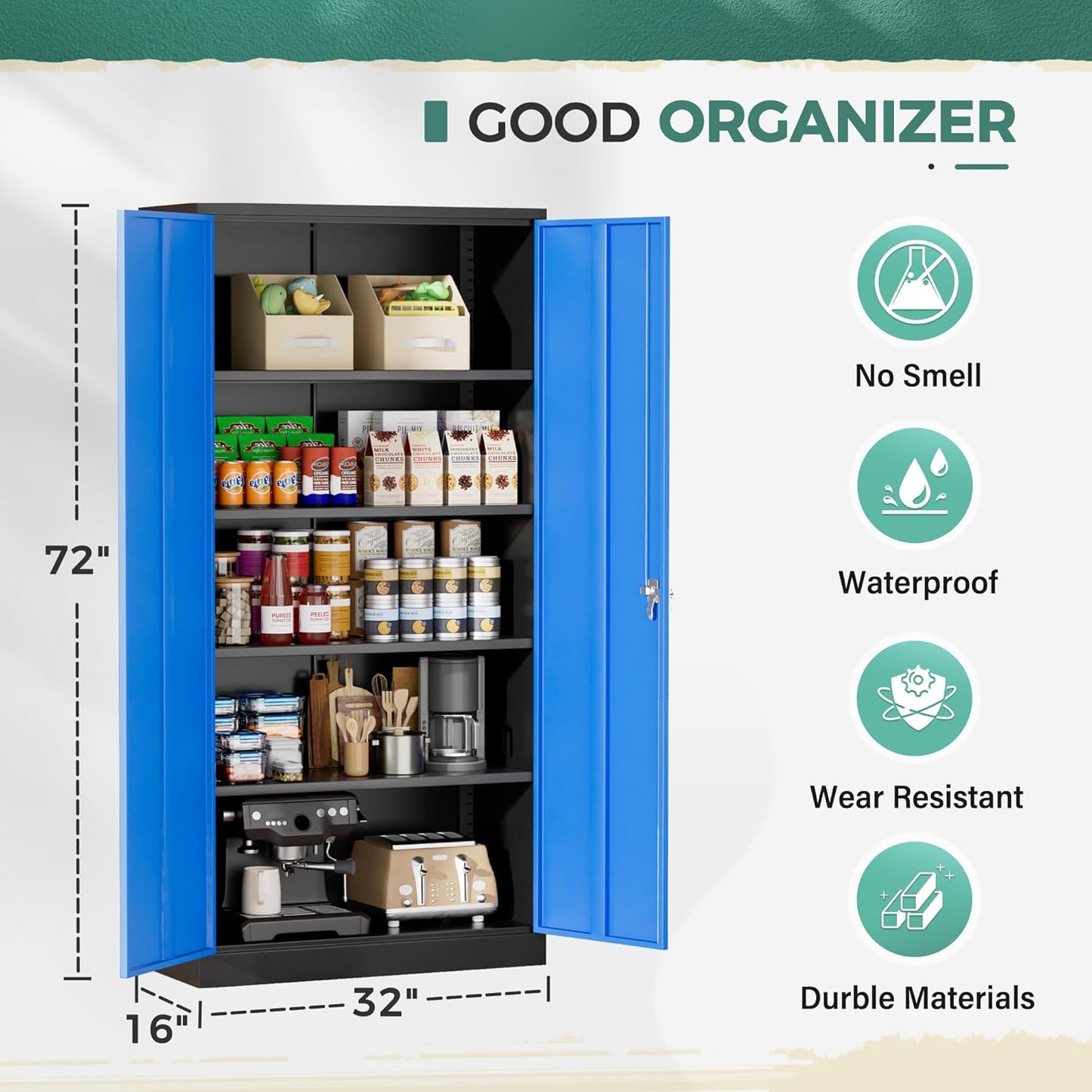 Greenvelly Metal Garage Storage Cabinet, 72" Tall Steel Storage Cabinets with 2 Doors and 4 Adjustable Shelves, Metal Tool Cabinets, Locking File Cabinet for Home Office, Garage, School (Black Blue)