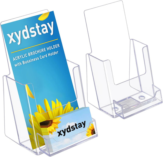 4x9 Acrylic Brochure Holder with Business Card Holder, Clear Display Stand, Plastic Table stand Sign Holder, Pamphlet Holder Flyer Holder, Acrylic Display Stand for Office, Home, Store, 2 Pack