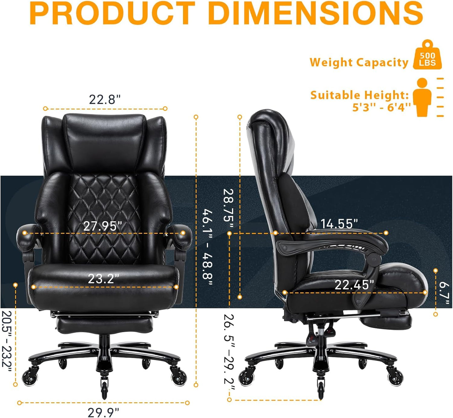 500 LBS Big and Tall Office Chair with Foot Rest High Back Recline Ergonomic Chair for Heavy People, Executive Office Chair Comfortable for Home Office, Large Computer Desk Chair Black