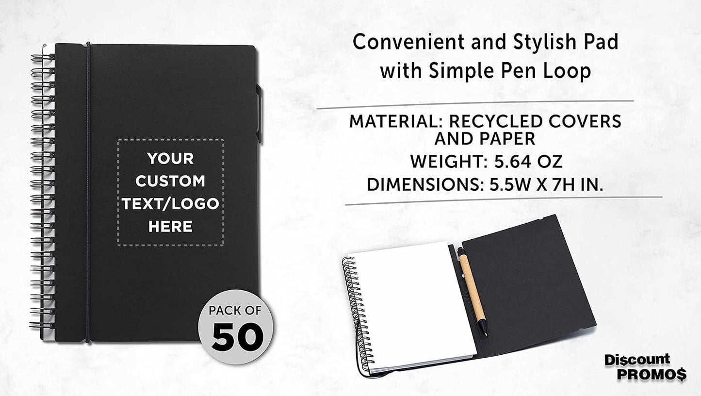 DISCOUNT PROMOS Custom Spiral Notebooks with Elastic Closure Set of 50, Personalized Bulk Pack - Perfect for School, Office, Business and More - Black