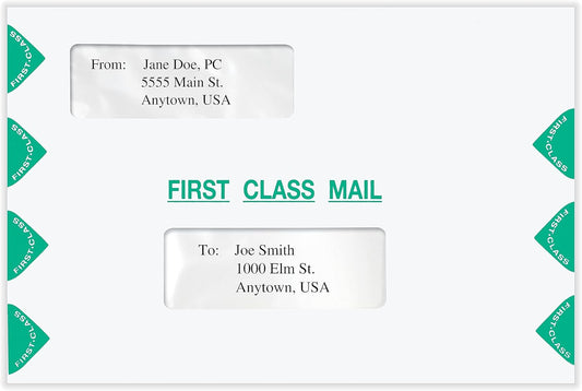 First Class Double Window Envelope | Tax Mailer, Landscape, White/Green, Self-Seal, 6" x 9", Pack of 50