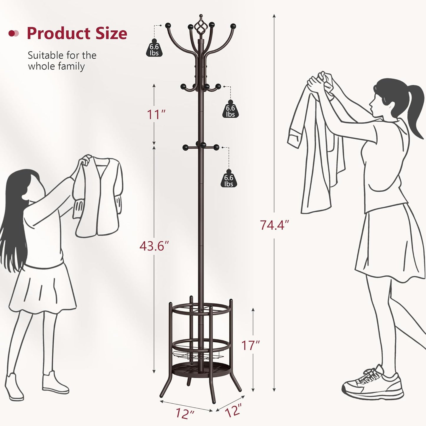Tajsoon Coat Rack Stand with Umbrella Holder, Coat Tree Freestanding with 16 Hooks, Coat Hangers Stand for Living Room, Bedroom, Office, Brown