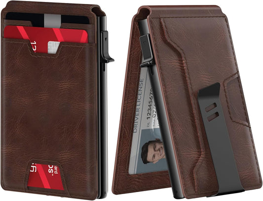 typecase Mens Wallet Card Holder: Pop Up Card Case, Genuine Leather, Smart, RFID Blocking, Slim, Minimalist, Thin, Front Pocket - 9-13 Card Capacitiy | ID Window | Money Clip (Brown)