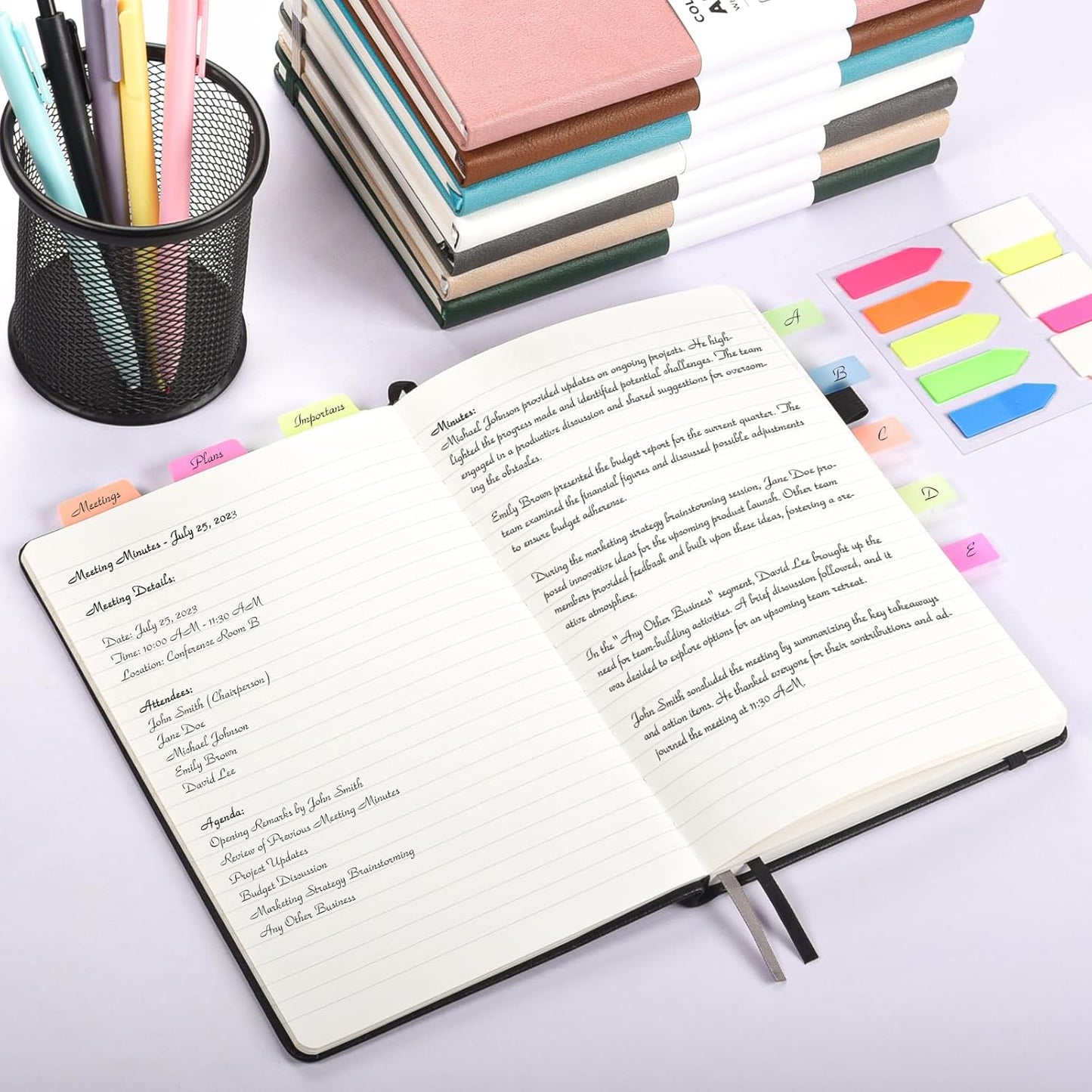 OMEYA Lined Journal Notebook, 3 Pack A5 College Ruled Notebooks for Work, Hardcover Notebook Each with 2 Pockets & Pen, Leather Journal for Women, Men, 160 Pages, 100GSM Thick Paper (Black)