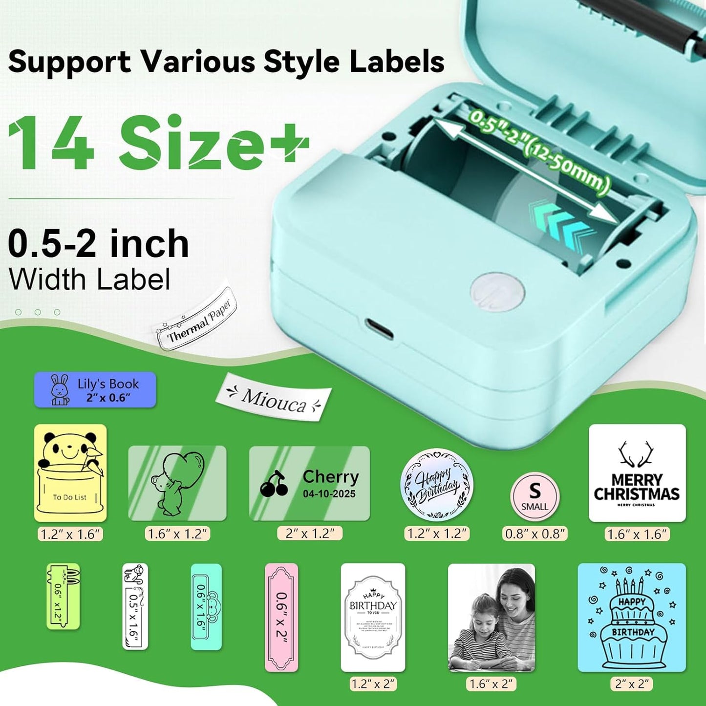 Label Maker Machine with Tape - 14 Sizes Mini Sticker Printer Bluetooth Label Printer for Home Office Organization, Portable Thermal Sticker Maker Print Pod with Multiple Templates for Phone