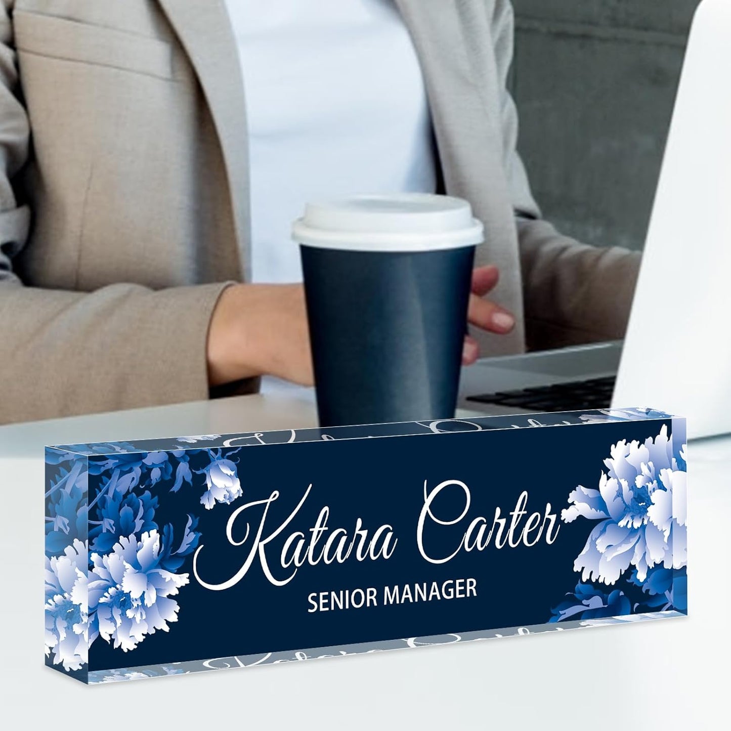 Name Plate for Desk Personalized, Acrylic Desk Decorations, Employee Appreciation Gifts, Custom Office Gifts for Coworkers, Boss, Teacher, Nurse (White Flowers 02)