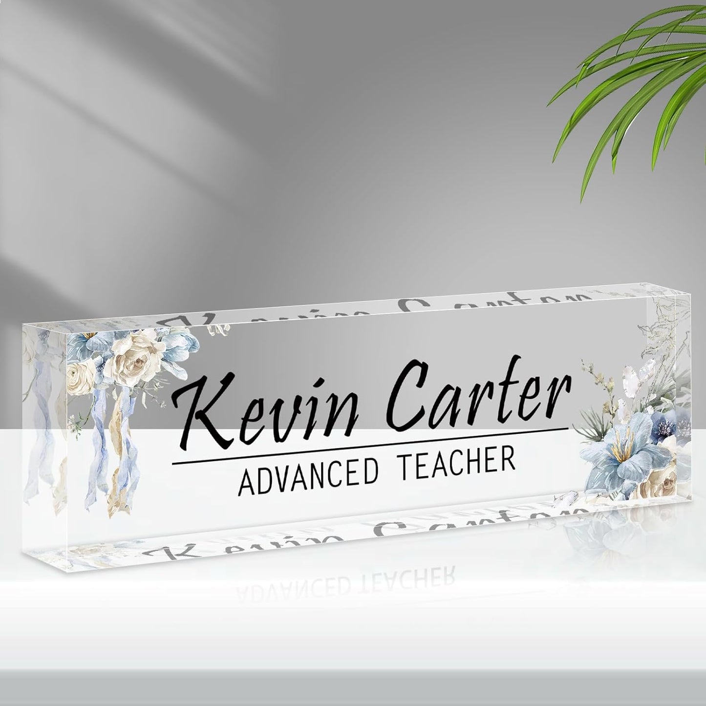 Name Plate for Desk Personalized, Acrylic Desk Decorations, Employee Appreciation Gifts, Custom Office Gifts for Coworkers, Boss, Teacher, Nurse (White Blue Flowers)