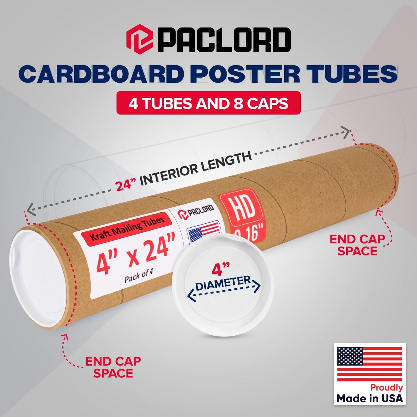 4" x 24" Heavy-Duty Reinforced Cardboard Mailing Tube, Pack of 4 Tubes with 8 Caps – Secure USPS Approved – Great for Shipping and Storing of Prints, Artwork, Posters or Documents