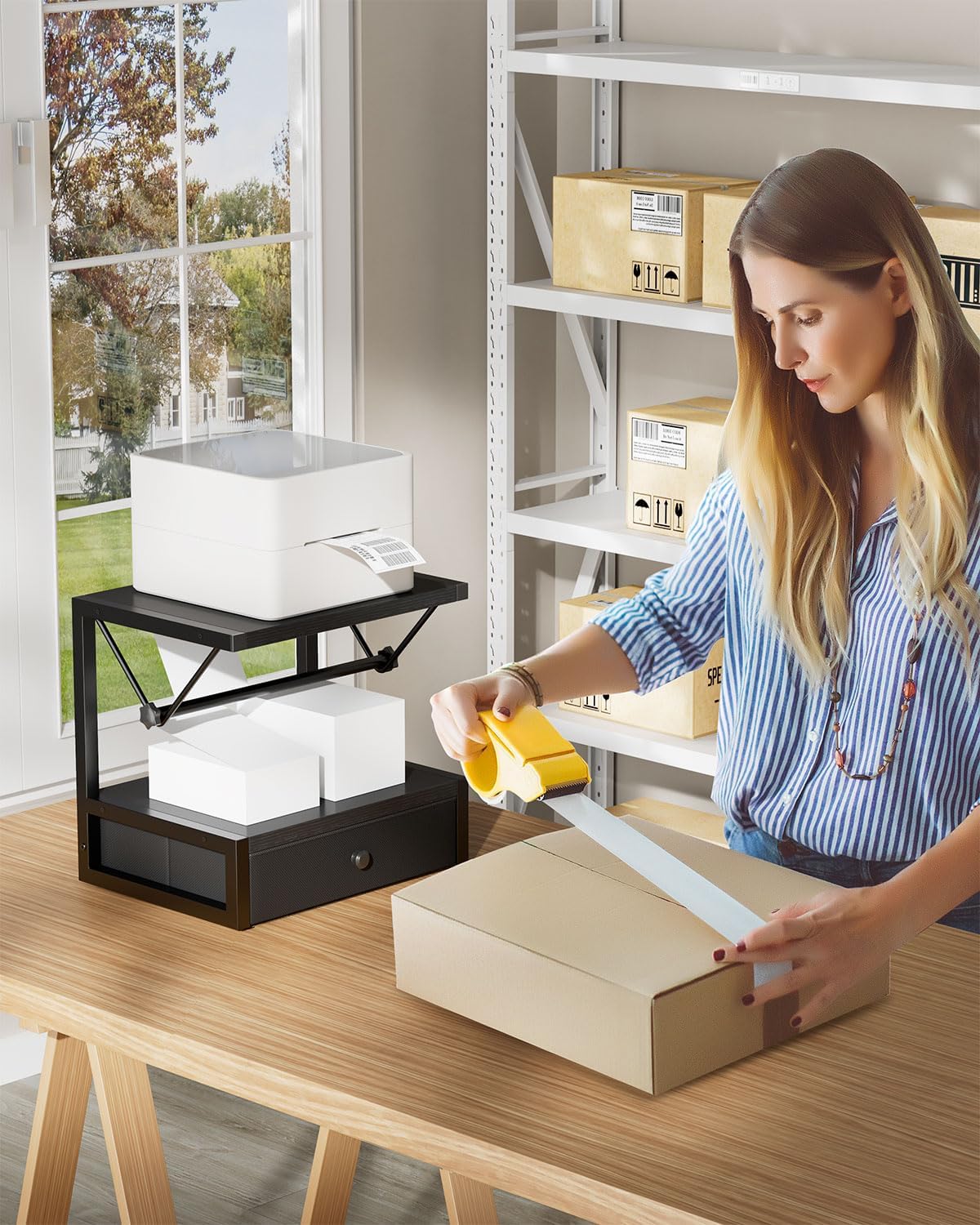 IBUYKE Label Holder for Rolls and Fan-Fold Labels,Wooden Thermal Shipping Label Stand With Drawer Desktop Printer Holder for Home, Office, Small Business,Black TPS003B