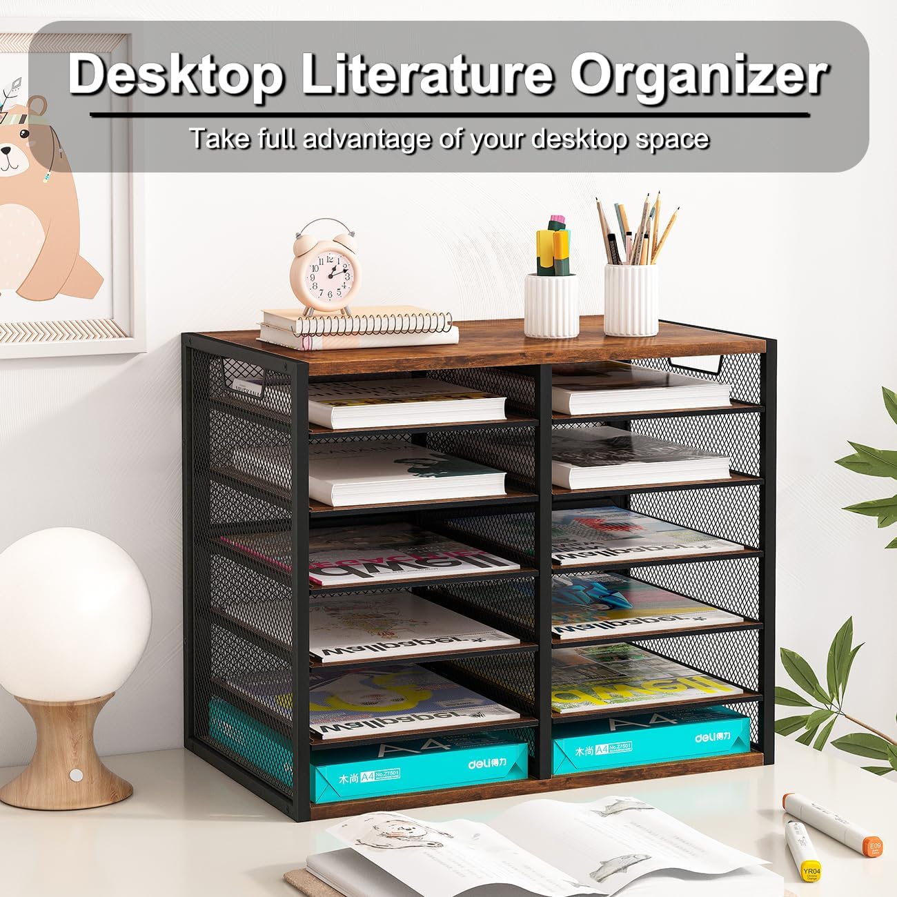 PAG Mass Mail Sorter - Adjustable Mail Holder, Countertop Literature Organizer, Student Mailbox for Classroom, Desktop Bill Paper Organizer for Office Home School, 12 Compartments, Brown