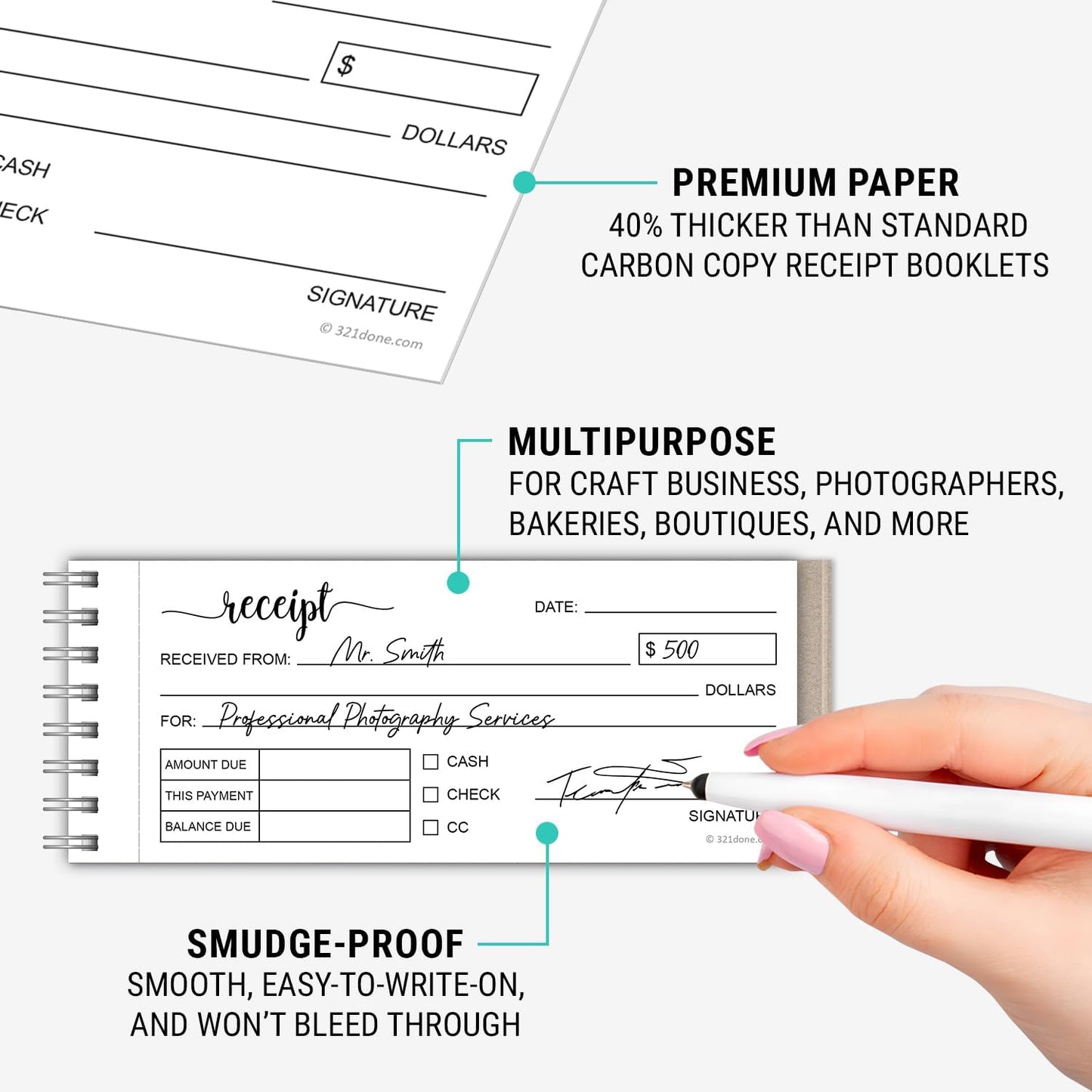 321Done 2-Pack Spiral Receipt Book, Made in USA - 2-Part Carbonless Spiral Bound 2.75x6, Receipt Book with Carbon Copies for Small Business - 100 White/Yellow Sets