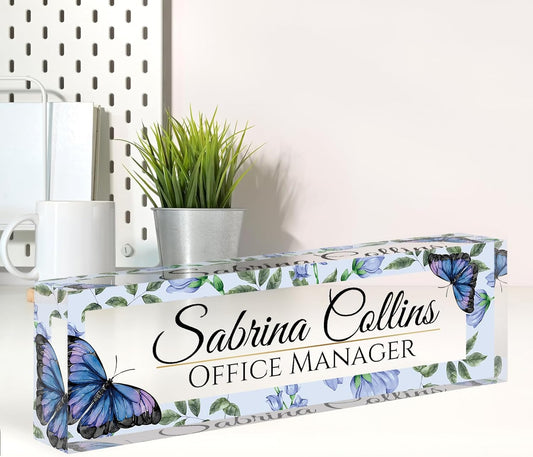 Name Plate for Desk, Desk Name Plate Personalized, Office Decor for Women Men, Acrylic Desktop Accessories, Office Appreciation Gifts for Boss Social Workers Nurse Teacher Employee (Blue Butterfly)