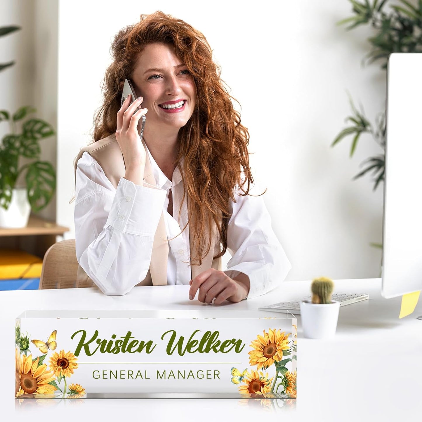 Personalized Name Plate for Desk - Custom Engraved Name Plates for Man - Boss Day Gifts for Boss - Acrylic Office Decor Appreciation Gifts for Teacher Nurse Coworker Social Worker (Sunflower)