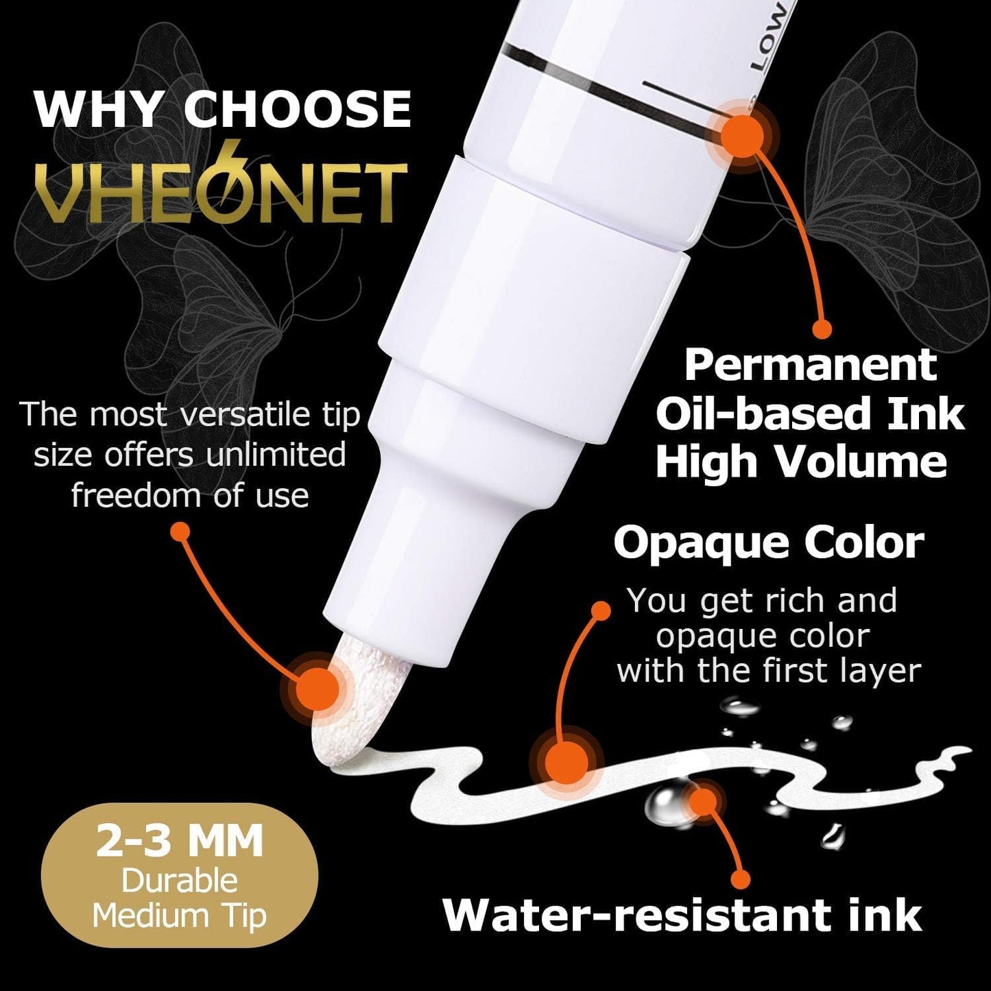 White Paint Pens marking pens Permanent Markers - 6 Pack Oil Based Waterproof Markers for Tire, Rubber,Wood, Rocks, Metal, Canvas,Plastic, Dark Surface,Craft office Supplies,Medium Point