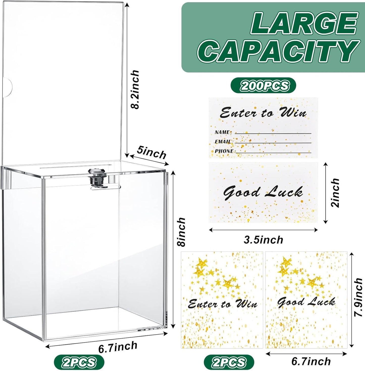 Teling 2 Pcs Tall Acrylic Donation Box with Lock and Sign Plate 6.7 x 5 x 8 Inches Safe Suggestion Box and 200 Pcs Raffle Tickets Cards for Voting, Charity, Collection Supplies(Clear)