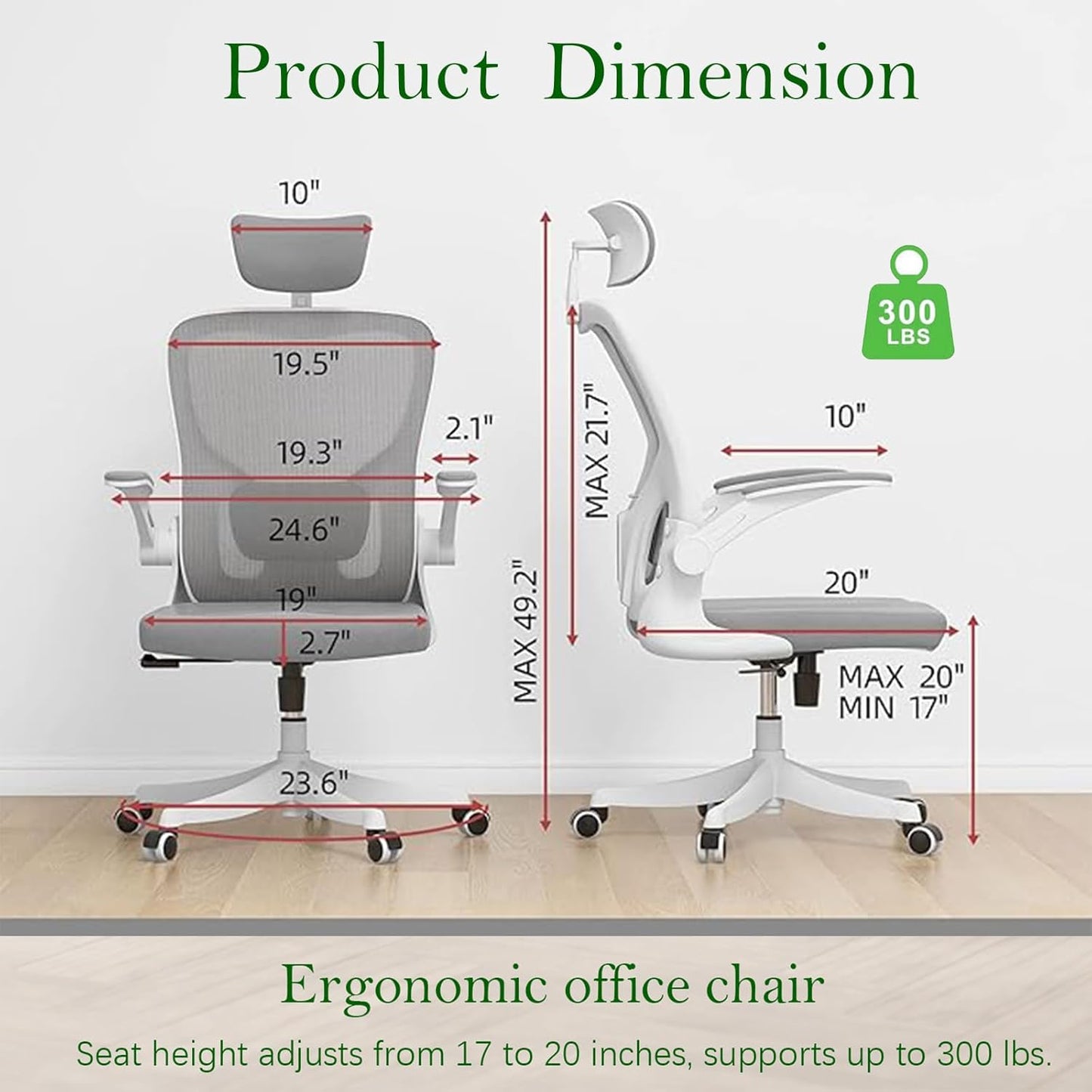 Ergonomic Office Chair, High-Back Mesh Computer Desk Chair with Adjustable Height, Lumbar Support, Flip-Up Armrests,headrest，and Swivel Rolling Design for Home and Office Use