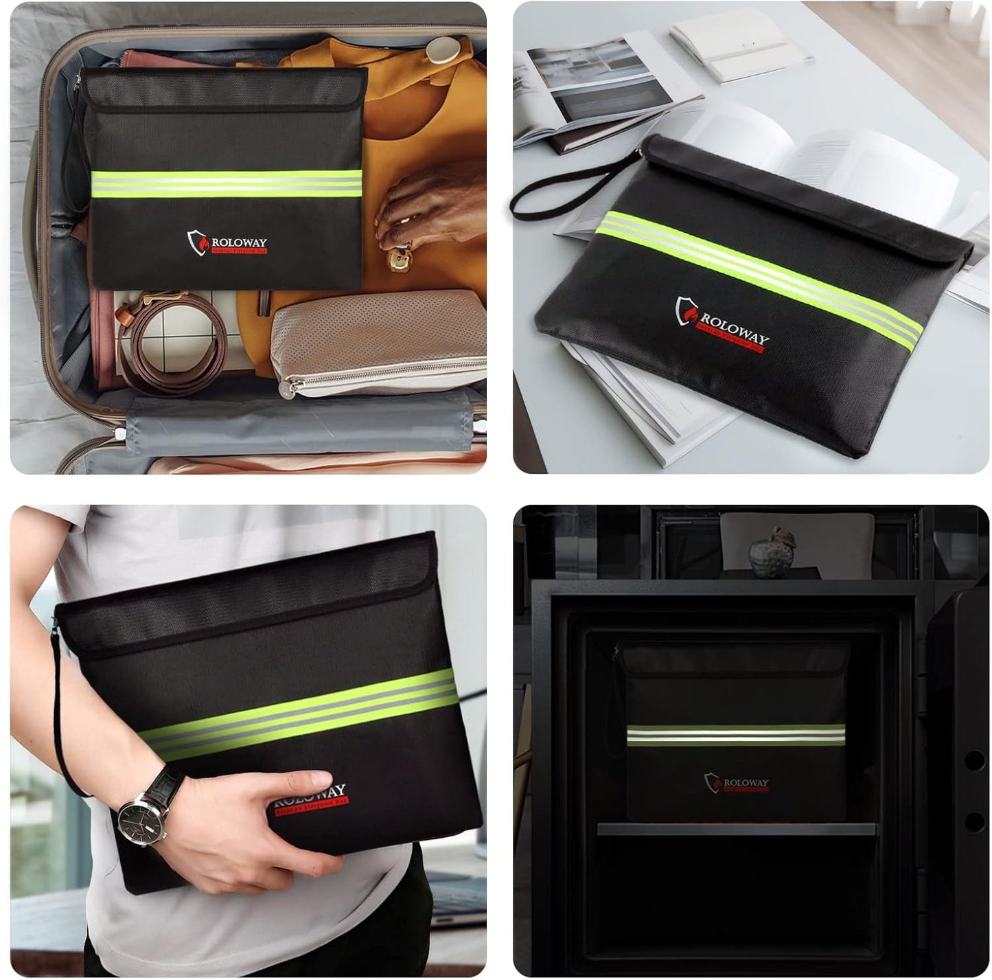 ROLOWAY Fireproof Document Bag (14 x 11 inch) with 5200℉ Upgraded Aluminum Foil Layer, Fireproof Bag for Documents with Reflective Strip and Zipper (Black)