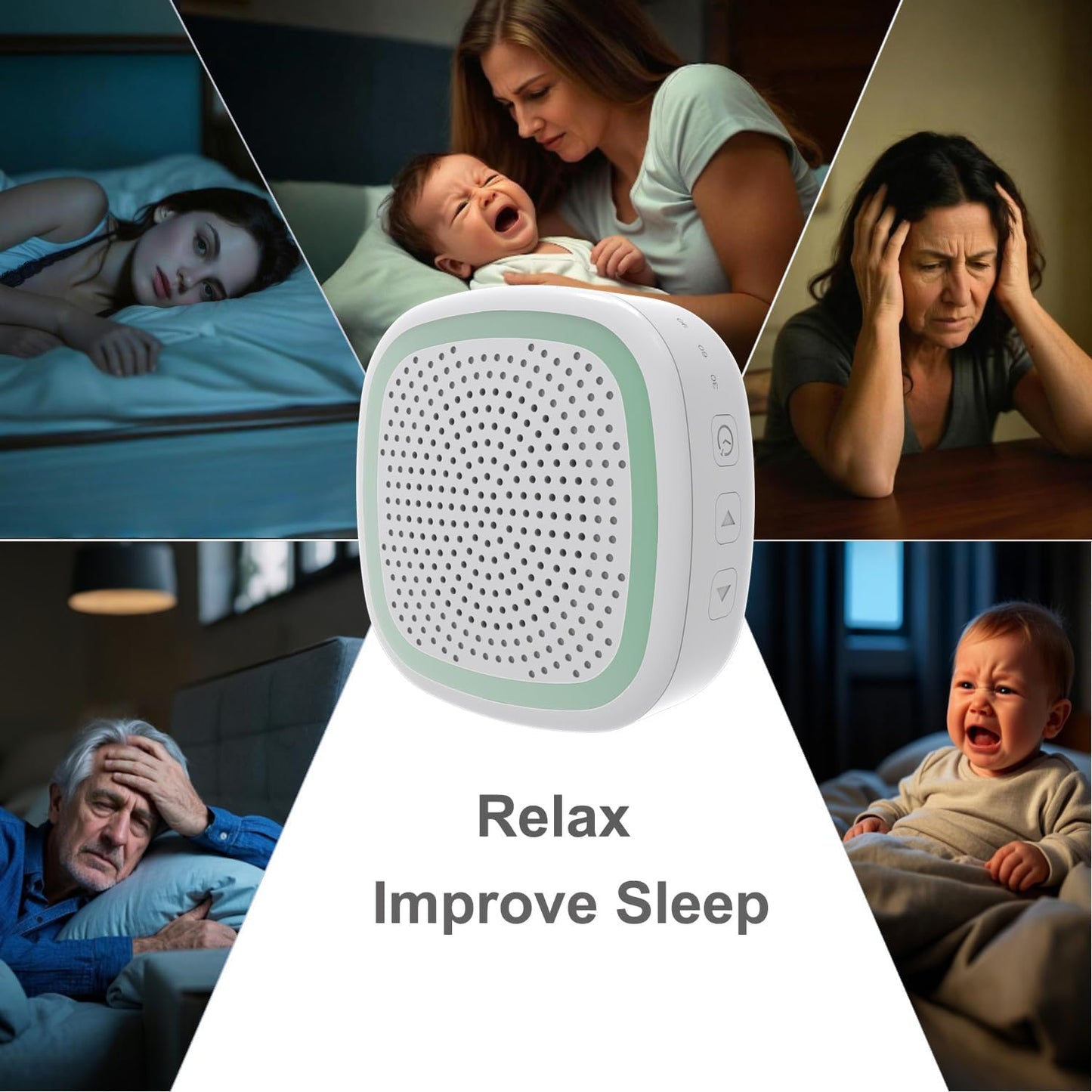 White Noise Machine,Wireless Connect Sound Machine with 36 Soothing Sounds, Sleep Machine for Adults Baby Kids，Memory Function,3 Timers,15 Volume Levels for Home, Office, Travel. (White-Green, Samll)