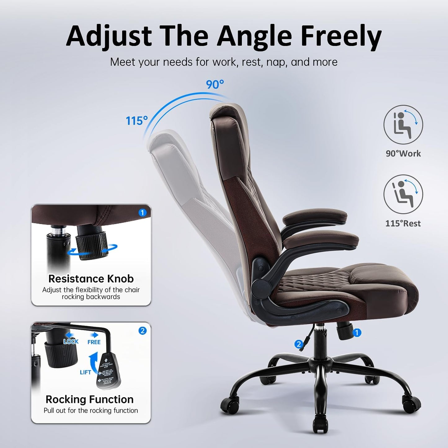 Office Chair, Executive Leather Chair Home Office Desk Chairs, Ergonomic Computer Desk Chair with Adjustable Flip-Up Arms, Lumbar Support Swivel Task Chair with Rocking Function (Brown)