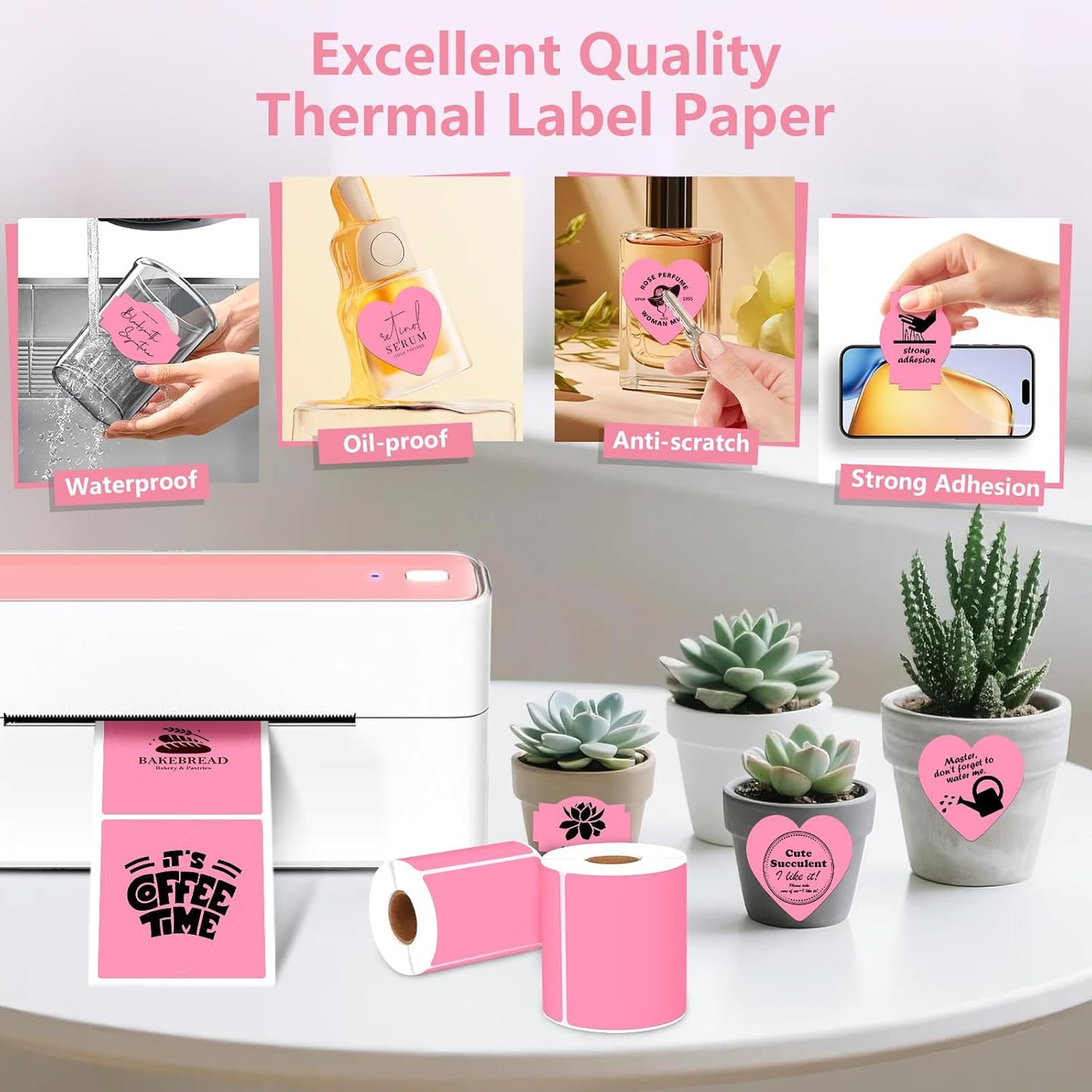 2 Rolls Pink Thermal Labels Personalized & Business Customized Label Stickers for Phomemo 241BT for MUNBYN 130B/RW402B Printers, 600Pcs Waterproof Shipping Label Sheet for Logo/Name/Thanks