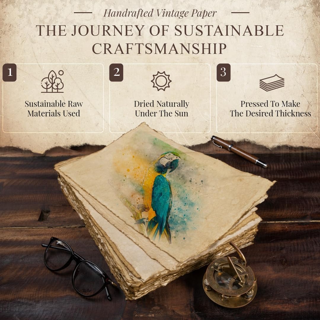 NomadCraftsCo. Blank Vintage Handmade Deckled Edge Paper | 75 Sheets of Recycled Cotton Papers, Perfect Sheet for Any Medium, Blank Watercolor Paper Cards, 150 GSM Thick & Acid-free Antique Paper