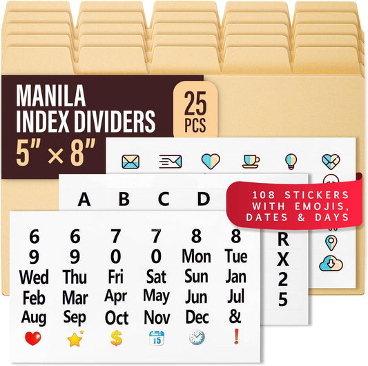 25 Manila Index Card Box Dividers with Tabs & 108 Stickers, Alphabetical File Dividers for 5x8 Index Card Box