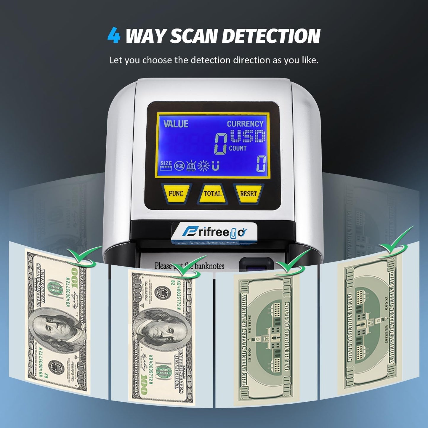 Portable Counterfeit Bill Detector, Rechargeable Fake Bill Detector 4-Way Detection, for Multiple Currencies with Value Display, Commercial Grade Bill Detector Alertable
