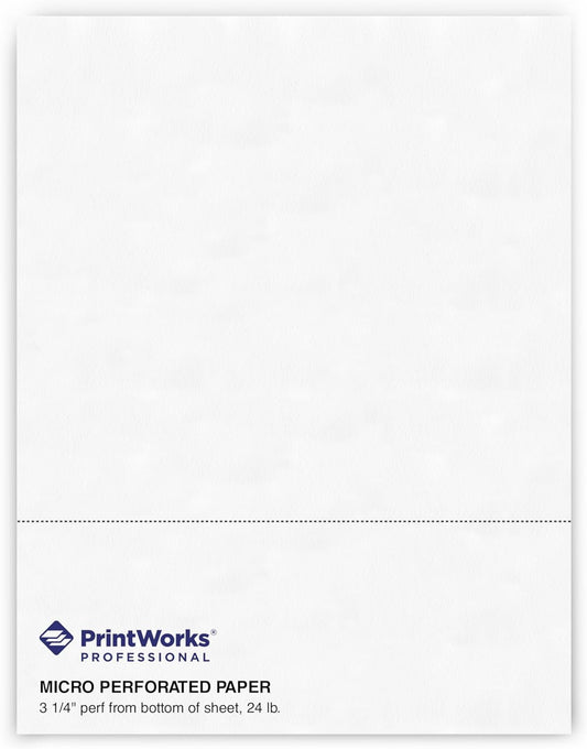 PrintWorks Professional 3 1/4" Horizontal Perforated Paper 8.5” x 11” - Perfect For W-2, 1099, & Statement Use - Made in the USA - 500 Sheets - 24 lb - Printer Compatible - White (04117)
