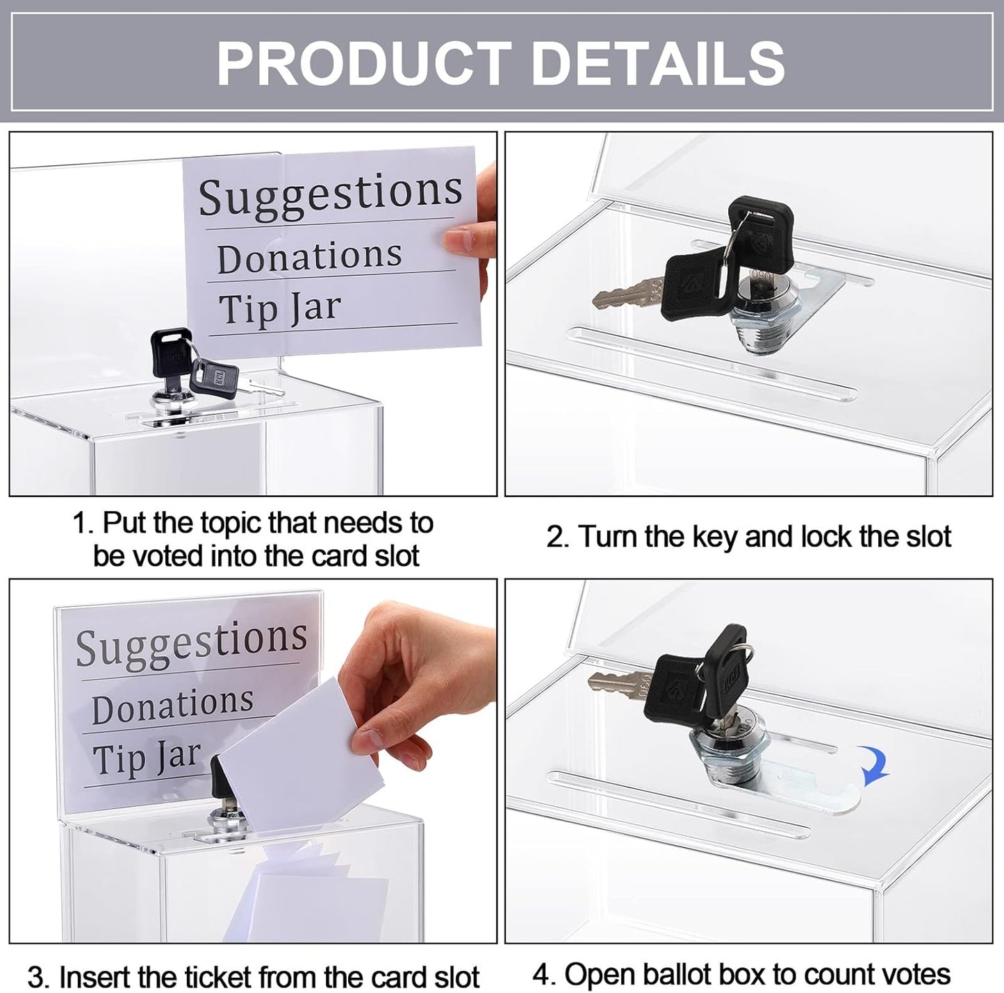4 Pcs Acrylic Donation Box Suggestion Ballot Box for Fundraising with Lock and Sign Holder Raffle Donation Jar Tip Ticket Storage for Business Cards Voting Charity, 6.1 x 4.3 x 3.8 Inch(Clear)